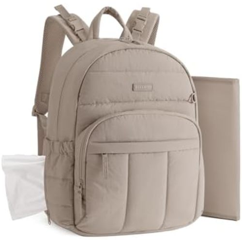BAGSMART Diaper Bag Backpack, Multi-Pocket Puffy Diaper Bag with Waterproof Changing Pad, Lightweight Stroller-Friendly Diaper Bag with Insulated Pockets, Easy-Access Baby Essential, Camel