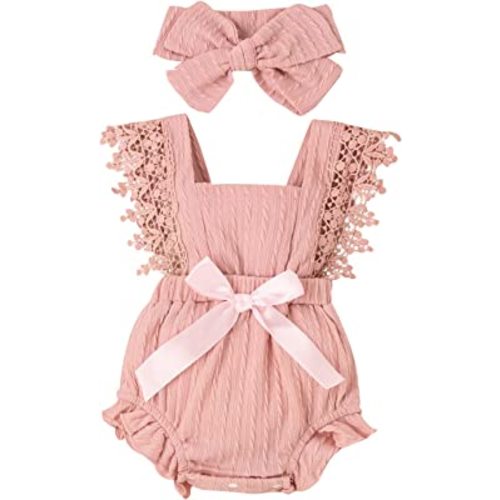 Baby Girl Lace Romper Sleeveless Ruffle Bow Decorated Romper Jumpsuit Bodysuit with Headband Newborn Baby Clothes