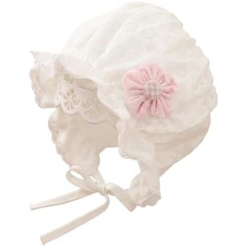 Baby Girl Cotton Muslin Bonnet - Vintage Ruffle Lace Newborn Sun Hat Adjustable Chin