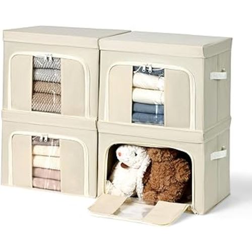 DIMJ Fabric Storage Bins for Clothes - Metal Frame Storage Cubes with Lids Closet Organizers and Storage Box, Decorative Storage Bins with Clear Window for Bedroom Office, 4 Pack, Beige.