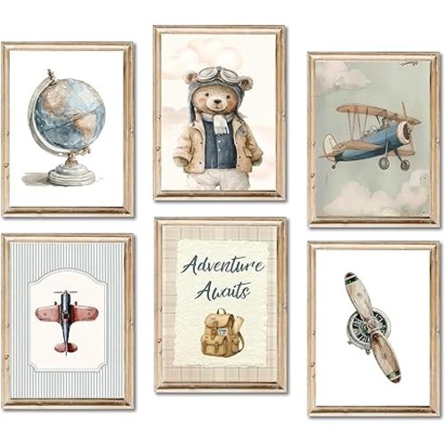 6Pcs Vintage Baby Boy Nursery Wall Art Blue Teddy Bear Airplane Travel Pictures Wall Decor Nursery Aviation Poster Prints for Bedroom Playroom Kids Room Home Decoration 8"x10" Unframed