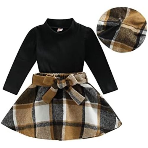 Fernvia Toddler Baby Girl Fall Winter Skirt Set Turtleneck Ribbed Long Sleeve T-Shirt Top & Plaid Skirts Dress 2Pcs Outfits