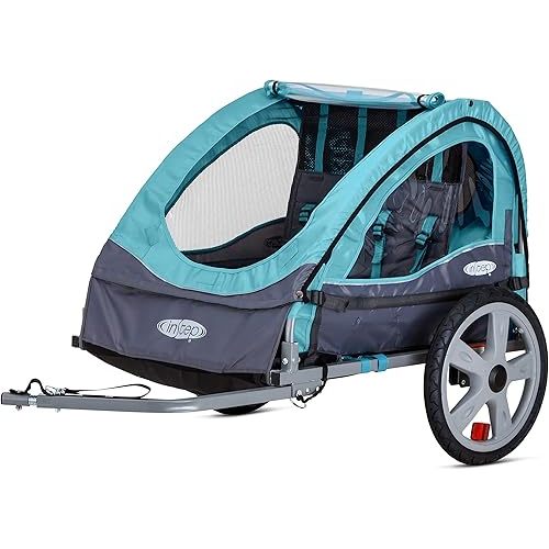Sync and Take 2 Bike Trailer for Kids, Single and Double Seat Options, 5-Point Harness, Folding Frame, Quick Release Wheels, Easy Storage, With Bug Screen & Weather Shield, Bike Attachment