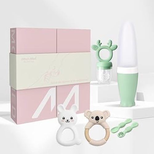 MomMed Baby Feeding Essentials Set, Including Baby Fruit Food Feeder, Baby Spoons, Teething Toys, Baby Led Weaning Supplies for Babies 3-24 Months, Soothing Baby Chew Toys for Sucking Need, BPA-Free