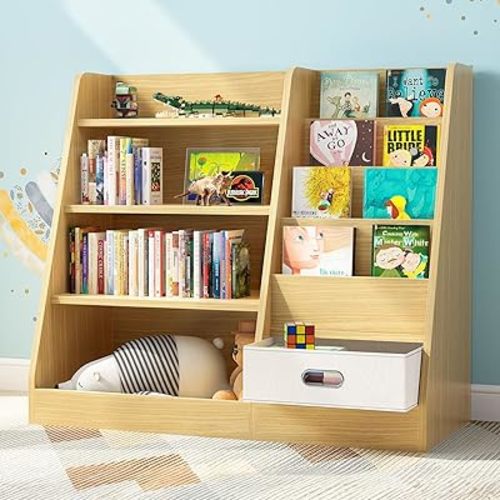 oneinmil 4 Tier Kids Wooden Bookshelf with Drawer, Five Layer Sling Children Bookcase, Baby Storage Book Rack, Book and Toy Organizer Cabinet, Book Display Shelf, Playroom Nursery Classroom Library