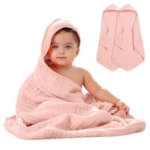 Comfy Cubs Hooded Baby Towels - 6 Layer, 100% Muslin Cotton - Large 32 X 32 Inch - 2-pack, Mauve