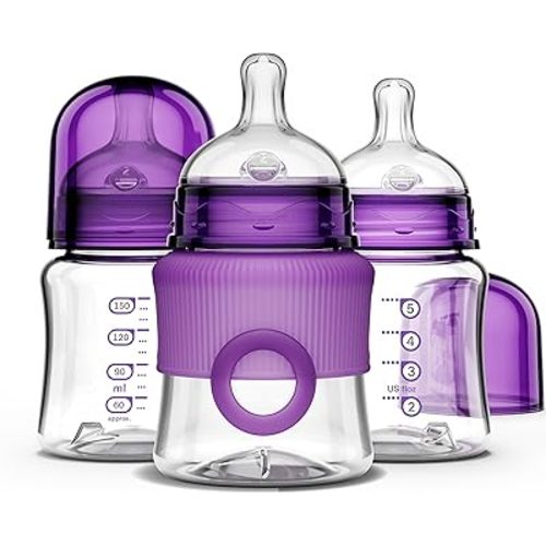 Smilo Baby Bottle Set with Stage 0 Slow Flow Anti Colic Nipple, 5 Oz / 150 ml Capacity, 3X Pack of Anti Colic Baby Bottles 0-3 Months - Plum Purple