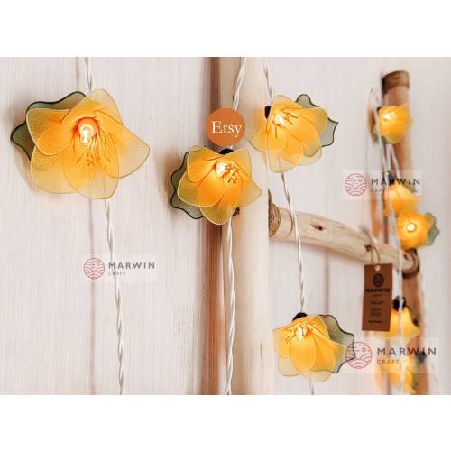 20 Yellow String Lights Rain Lilly Flower Fairy Lights Bedroom Home Decor Living Room Wall Hanging Wedding Dorm Night Shade USB Battery Plug