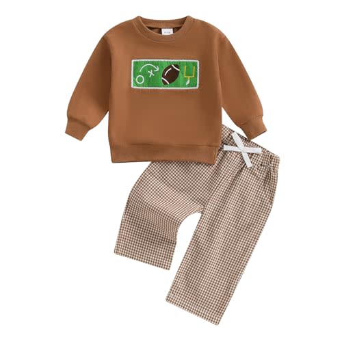 Arvbitana Toddler Baby Boy Football Smocked Outfit Long Sleeve Embroidery Crewneck Sweatshirt Gingham Pants Two Piece Clothes