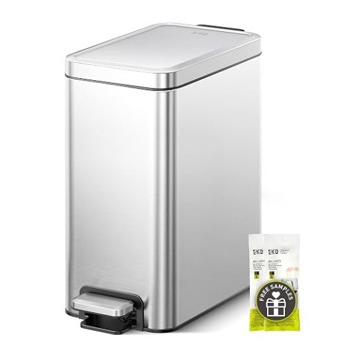 EKO Small Bathroom Trash Can with Lid Soft Close, Step Pedal, 10 Liter / 2.6 Gallon Stainless Steel Garbage Can with Removable Inner Bucket, Anti-Fingerprint Finish (Silver)