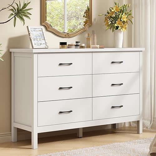 White Dresser for Bedroom, 6 Drawer Wood Double Dresser with Metal Handles, Wide Chest of Organizer Storage Drawers for Living Room, Hallway, Entryway