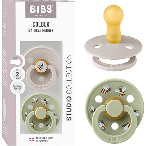 BIBS Pacifiers - Studio Collection | Natural Rubber Baby Pacifier | Set of 2 BPA-Free Soothers | Made in Denmark | Bumblebee/Mushroom Mix | Size 6-18 Months