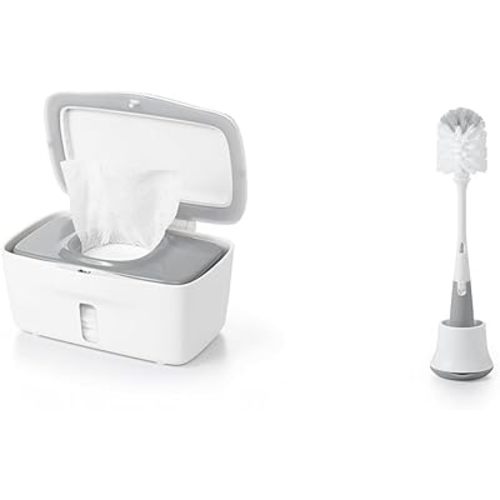 OXO Tot Perfect Pull Wipes Dispenser - Gray, 1 Count (Pack of 1) & Tot Bottle Brush with Nipple Cleaner and Stand - Gray
