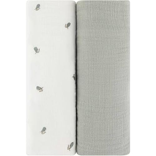 Ely's & Co. Muslin Swaddle Blanket 2-Pack — 100% Cotton Muslin Extra-Large Swaddle Blankets (47” x 47”) Solid + Printed (Sage Pear)