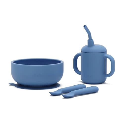 Lalo First Bites Silicone Baby Feeding Set - Baby Led Weaning Supplies - Non-Toxic Silicone - Includes 2 Spoons, Training Cup, & Suction Bowl - 4 Pieces - Blueberry