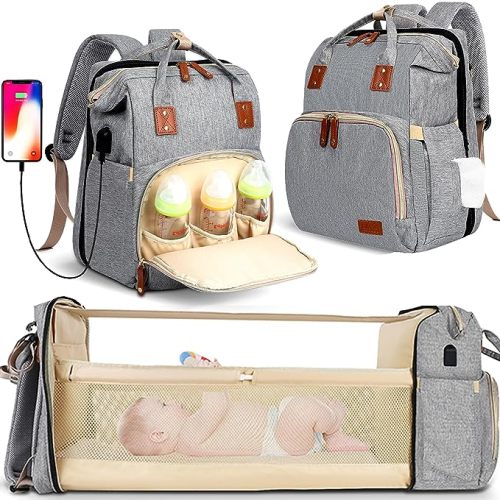 HKZ Diaper Bag Backpack 5 in 1 Baby Diaper Bags for Girls and Boys,Travel Foldable Baby Large with USB Charging Port (Gray)