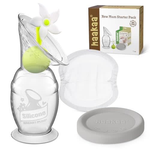 haakaa New Mum Starter Pack, Silicone Manual Breast Pump with Silicone Cap & Flower Stopper (5oz/150ml), Disposable Nursing Pads 36 Count for Breastfeeding