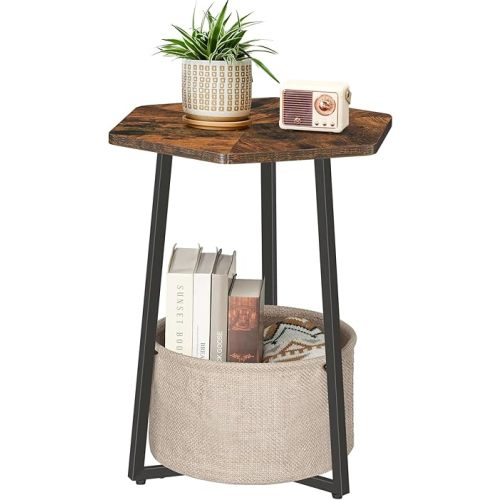 Small Side Table, End Table with Storage Basket, Modern Nightstand for Small Space, Hexagonal Bedside Table, Couch Side Table for Living Room, Bedroom, Rustic Brown ETHR9901