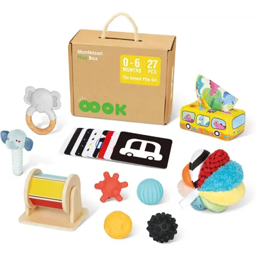 Montessori Toys for Babies 0-6 Months, 7 in 1 Newborn Baby Toys with Spinning Drum, Colorful Fabric Ball, Tissue Box Toy, Sensory Balls, Contrast Cards and More, Great Educational Toy for Baby