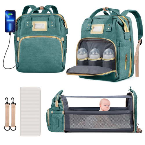 GPED Diaper Bag Backpack, Multifunctional Baby Changing Bag with Foldable Crib & Insulated Milk Bottle Pocket, Large Capacity Travel Backpack W/ USB Charging Port & Stroller Strap for Mom, Dad (Green)