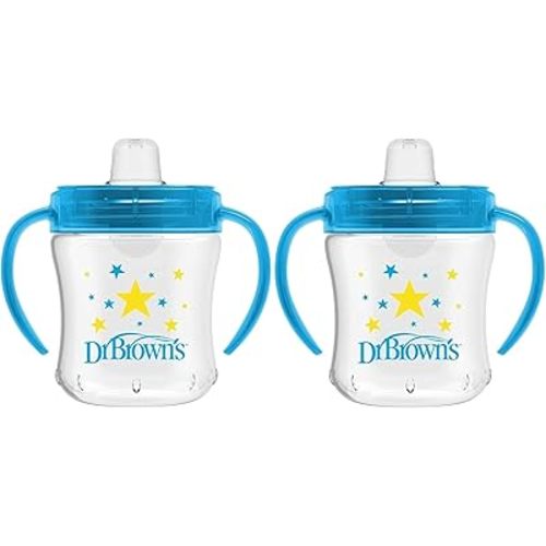 Dr. Brown's Milestones Soft Spout Sippy Cup with Handles, Blue/Yellow Stars, BPA-Free, 6 oz/180 mL, 6m+, 2-Pack