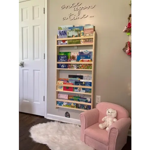 Handmade Solidwood Wall Mounted Montessori Kids Bookshelf, 4 tier Book Display for Children Bedroom, Nursery Furniture Bookcase, Solid Wood Pine Tree Book Organiser for Living Room (Natural)