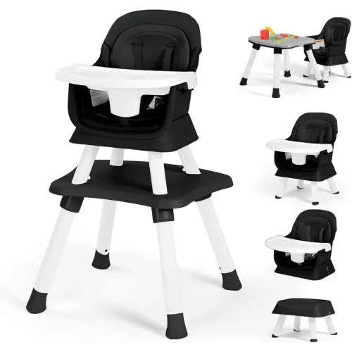 Kinder King 8 in 1 Baby High Chair, Coverts to Dining Booster Seat/Kids Table & Chair Set/Toddler Building Block Table/Kids Stool, Removable Tray & Double Seat Cover, Easy to Wipe, Black & White