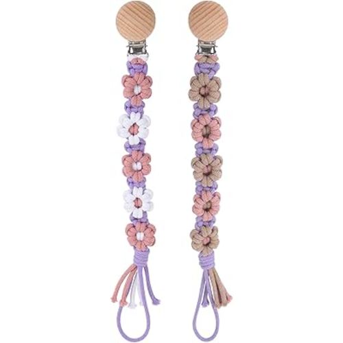 Pacifier Clip for Boys Girls Floral Daisy Macrame Baby Paci Clip Pacifier Holder Leash Boho Wooden Clips Handmade Braided Cotton Binky Clips (2pack:Lavender Style × 2)