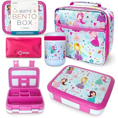 Bento Lunch Box with Stainless Steel Thermo, Matching Insulated Lunch Bag and Ice Pack Set for Girls, Kids, 5 Divided Compartments, Snack Container for Toddler Daycare, Pink Fairy Princess