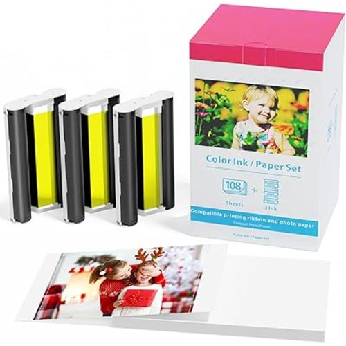 Compatible for Canon Selphy CP1300 Ink and Paper KP-108IN Color Ink and Paper Set for Selphy CP1500 CP1200 CP910 CP900 CP760 CP770 CP780 CP800, 3 Color Ink Cassette and 108 Sheets 4x6 Photo Paper