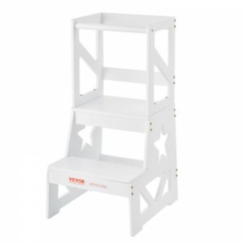 VEVOR Toddler Step Stool, Natural Pine Wood Kids Kitchen Stool with Safety Rail, Standing Tower Learning Stool for Bedroom Bathroom Kitchen Counter, 150LBS Loading Capacity, White