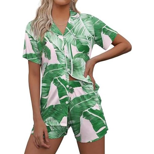 Ekouaer Pajamas Set for Women Short Sleeve Sleepwear Summer Button Down Nightwear Soft Pjs Lounge Set