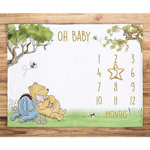 Classic Pooh Bear Baby Milestone Blanket, First Year Calendar Monthly Growth Mat, Winnie Bear with Friends Monthly Blanket, New Mom