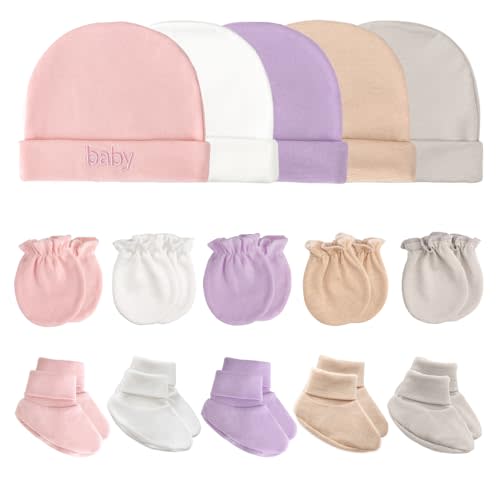 Newborn Baby Hats Mittens and Socks Set Cotton Infant Beanie Cap Socks Mittens for Newborn Baby Boy Girl 0-6 Month