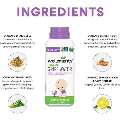 Wellements Organic Baby Gripe Water Day & Night Combo Pack | Relief for Occasional Upset Bellies from Baby Gas, Colic, Hiccups & Fussiness, Gentle*, USDA Certified Organic | Pack of 2, 4 Fl Oz
