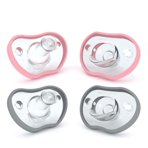 Nanobebe Baby Pacifiers 0-3 Month - Orthodontic, Curves Comfortably with Face Contour, Award Winning for Breastfeeding Babies, 100% Silicone, Baby Registry Gift 4pk,Pink/Grey