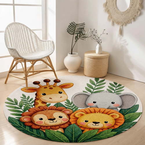 Cute Safari Animals Round Velvet Rug Kids Bedroom Nursery Area Carpet Soft Plush Animal Pattern Floor Mat SPXUBZ 39.4"×39.4"
