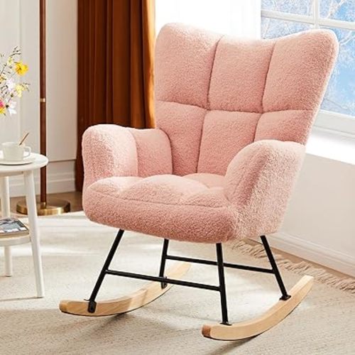 DUMOS Rocking Chair Nursery Teddy Upholstered Gliders Rocker Accent Reading Recliner Thick Padded Seat Ergonomic Modern with High Backrest Armchair Comfy Side for Living Room Bedroom Office Balcony