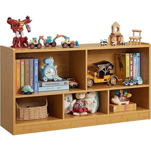 Kids Toy Storage Organizer, 5-Section Storage Cabinet for Organizing Books Toys, Wooden Bookshelf Daycare Furniture for School, Classroom Playroom, Nursery, Kindergarten (Natural)