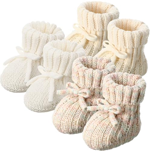 Evervibe 3 Pairs Knitted Baby Booties 0-6 Months Newborn Baby Shoes First Walkers Cozy Shoes for Infant Boy Girl
