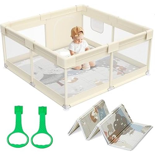 Fodoss Baby Playpen with Mat, Small Baby Play Pen(47x47inch), Playpen for Babies and Toddlers, Baby Pen for Apartment, Play Yard for Baby, Baby Fence Play Area Playyard Activity Center (Beige)