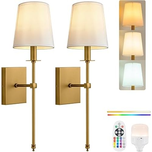 PASSICA DECOR Battery Operated Wall Sconce Set of 2, Rechargeable Wireless Wall Lights with 15 Colors Dimmable Bulbs, Remote Control, Brass Battery Wall Sconces for Bedroom, Living Room