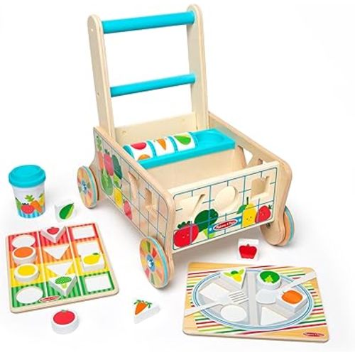 Melissa & Doug Wooden Shape Sorting Grocery Cart - Toddler Toys with 12 Blocks, Puzzle Board and Coffee Cup for Pretend Play and Montessori Toys - FSC Certified