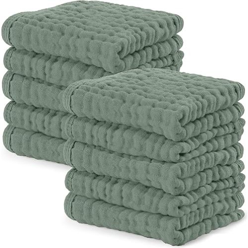 Comfy Cubs Muslin Baby Washcloths 10 Pack - Soft 6-Layer Cotton Wash Cloths for Sensitive Skin - 10"x10" Large, Gentle, Absorbent Infant Essentials for Newborn and Toddlers - Fern