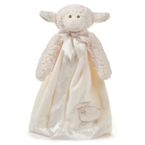 Bearington Baby Lamby Snuggler - 15" White Lamb Plush Lovey for Babies - Soft Stuffed Animal Security Blanket with Satin Bow and Embroidered Eyes - Sweet Baptism Gift Blanket for Boys and Girls
