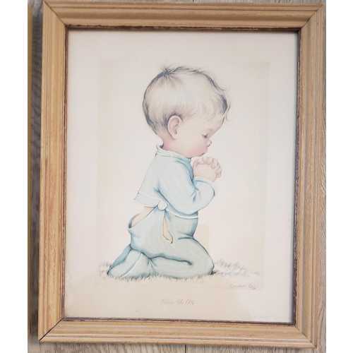 Vtg Framed Charlot Byi print A Childs Prayer Bless Us All Praying Boy Picture