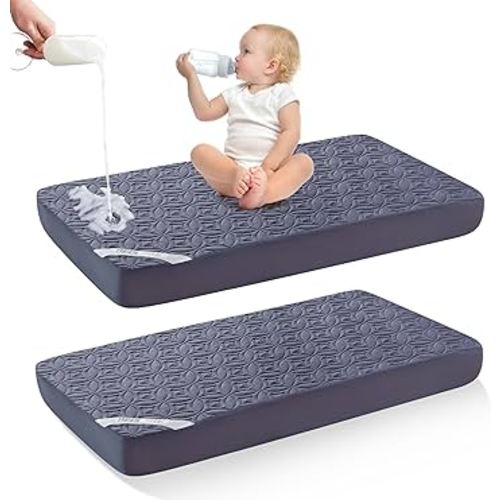 Waterproof Crib Mattress Protector 2 Pack, Soft and Breathable Crib Mattress Pad Cover, Noiseless Machine Washable Toddler Mattress Protector for Standard Baby Toddler Bed (52''x28'',Navy Blue)