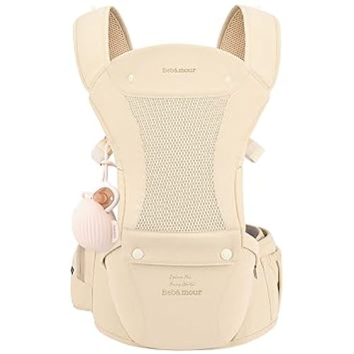 Bebamour Baby Carrier with Hip Seat,All-Position Breathable Mesh Hip Seat & Carrier 0-36Months with Head Hood, 3 PCS Teething Pads, Waist Extender,Storage Bag & Pacifier Case(Khaki)