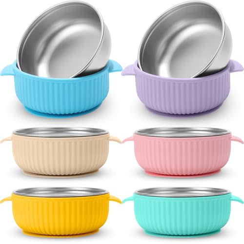 Nuogo 6 Pcs Stainless Steel Baby Bowls with Removable Silicone Shell 304 Toddler Bowls Kids Anti Scald Snack Container for Food Feeding, Dishwasher Safe(Multicolor,Suction-c)