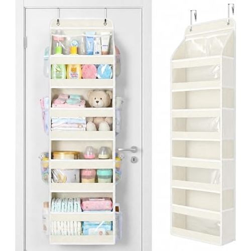 Yecaye 5 Tier Over the Door Organizer, Swing-proof Door Organizer Hanging with Clear PVC Windows, Behind the Door Storage for Bedroom Nursery Closet Laundry Pantry Bathroom, Cream White